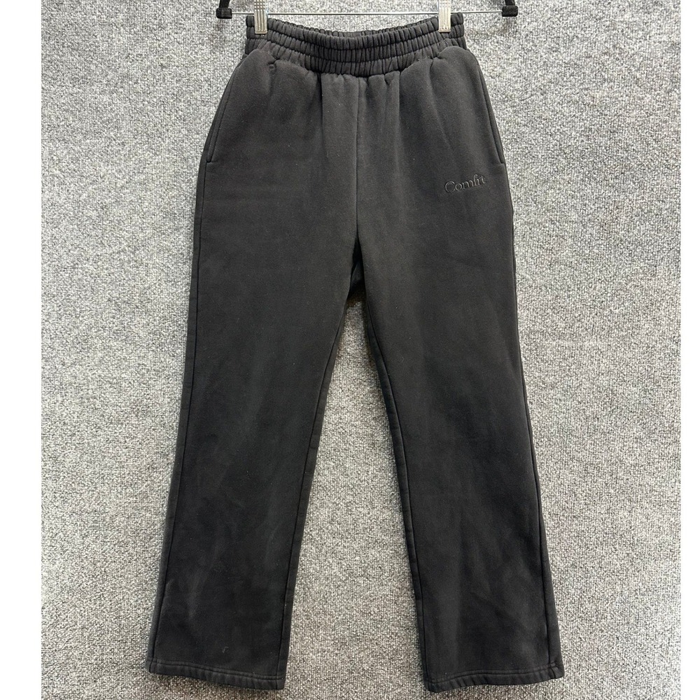 Comfrt Women Black Fleece Lined Relaxed Sweatpants XS High Rise Straight Leg